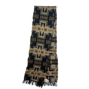 Pendleton Harding Wool Scarf Black Tan Geometric Jacquard Made in USA